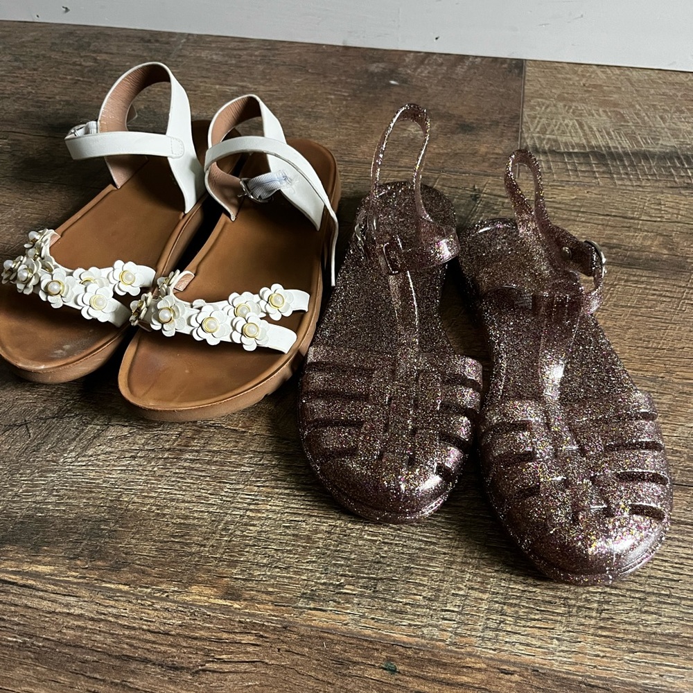 Sandals Bundle White Floral + Glitter Jelly Beach Shoes Lot girls size 3 - Picture 13 of 14